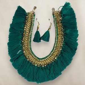 Green Tassel Necklace With Austrian Crystals Set